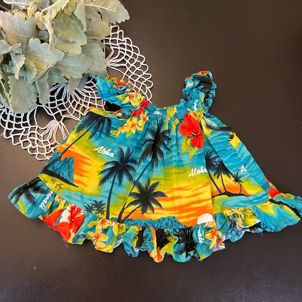 Hawaii Station Aloha Tropical Sunset Teal Orange Baby‎ Girl Tunic Blouse Sz 12 M